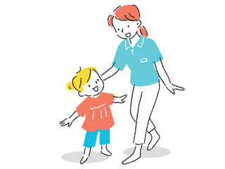 保育園の先生と女の子の喜んでいるイラスト　手描きタッチ