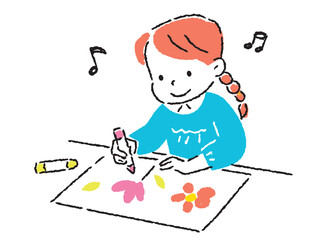 クレヨンで絵を書いている小さな女の子のイラスト　手描きタッチ