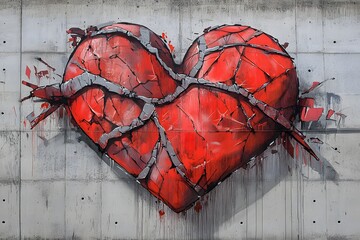 A large red heart with an intricate, cracked design running through it, in the style of graffiti on a grey wall, with a flat background.