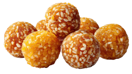 Sweet Delight: A captivating close-up of delicious laddus, each perfectly round and adorned with sesame seeds. These delectable treats beckon, promising a burst of flavor and sweetness