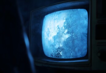 An old, retro television set with static noise on the screen, a vintage TV in close-up view against a black background. 