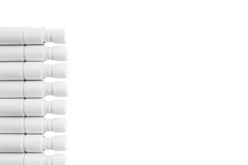 Stacked White Cylinders: Repeating Caps, Minimalist Abstraction, Clean Lines.