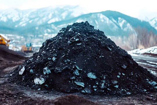 Black powder pile of coal on a construction site background. A pile of black soil on a mountain in the winter time. 