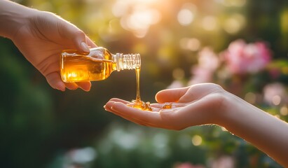 Close-up of hands pouring essential oil from a bottle into a woman's hand, close-up on the palm with honey drops.