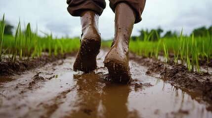 Obraz premium Mud-caked boots on a farmer's feet walk through a paddy field