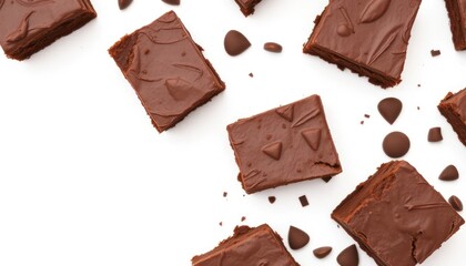 Chocolate brownies scattered on white background