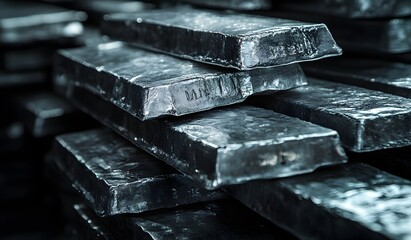 Stacks of silver ingots piled on top of each other, against a dark background, close-up, macro photography