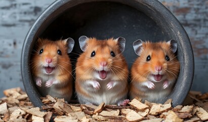Close-up of three hamsters sitting in a running wheel, smiling and looking at the camera.