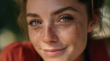 Close-up portrait of young caucasian female with freckles and green eyes smiling outdoors