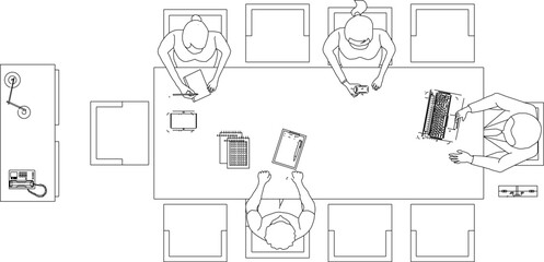 silhouette design vector illustration sketch of people doing activities sitting together to work at the office desk