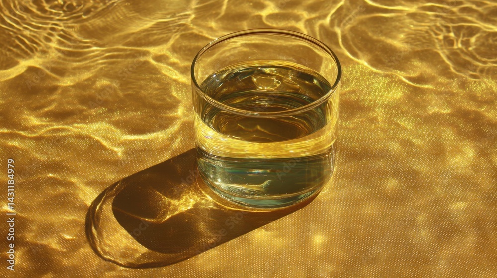 Poster glass of water on golden surface with reflected light patterns creating a serene and refreshing visu