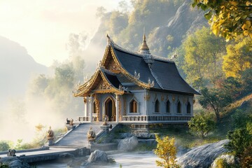 Obraz premium Stunning temple nestled in a serene mountainous landscape during sunrise