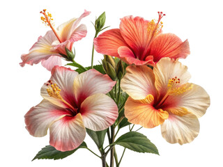 Obraz premium Beautiful hibiscus flowers bloom in vibrant colors showcasing their delicate petals and lush green leaves, creating stunning floral display