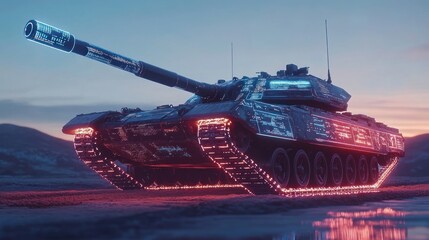 Obraz premium Futuristic tank, illuminated by glowing lights, traverses a desert landscape at sunrise. Advanced military vehicle with futuristic design elements