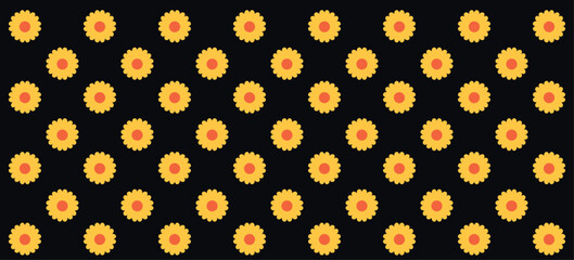 A decorative seamless pattern featuring neat rows of yellow sunflowers contrasted against a black background. Perfect for modern designs, artistic inspirations, and creating vibrant backgrounds.