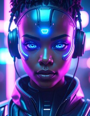 cyberpunk portrait of beautiful young african amercian girl with beautiful eyes , close up portrait