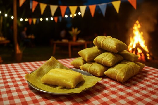 Deliciosa pamonha na mesa xadrez em festa junina com fogueira ao fundo, tradi&ccedil;&atilde;o brasileira