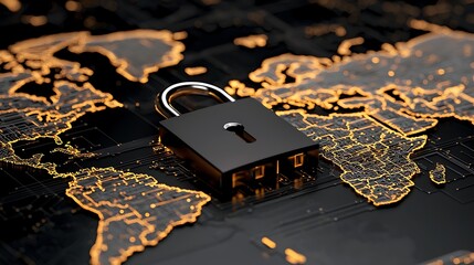 Digital security concept featuring lock on world map with connections and technology background