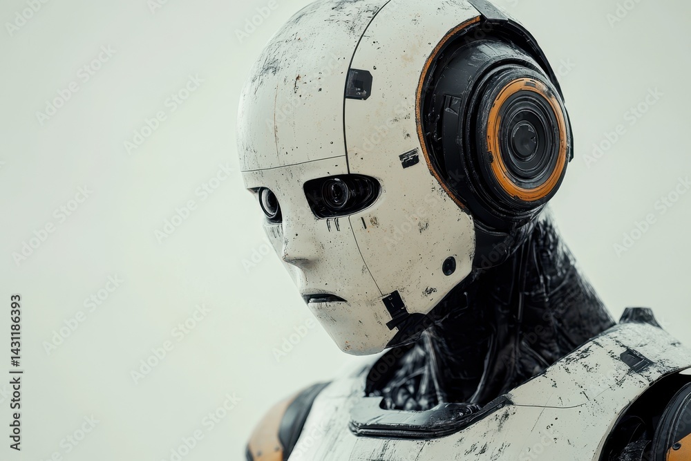 Poster robot with unique design showcasing intricate details and lifelike features in close-up view