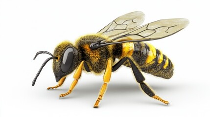 Detailed close up of a bee on a white background showing its wings legs and body fur in bright light