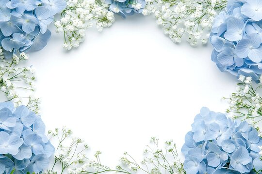 Beautiful blue hydrangea flowers and delicate white baby's breath create a floral frame border on a flat background with copy space in the center, social media posts, wedding cards, wallpaper 