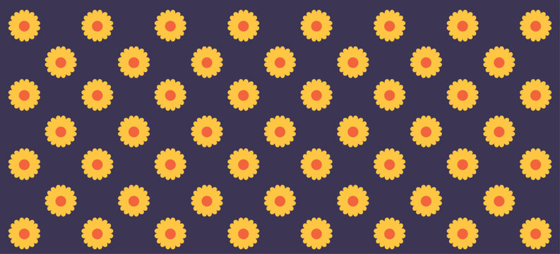 A decorative seamless pattern featuring neat rows of yellow sunflowers contrasted against a black background. Perfect for modern designs, artistic inspirations, and creating vibrant backgrounds.