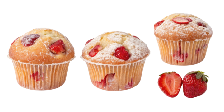 Delicious strawberry muffins are freshly baked and topped with powdered sugar, perfect for sweet treat or breakfast delight