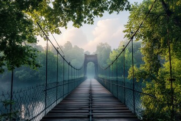 Obraz premium Elevated bridge surrounded by misty trees at dawn inviting exploration and tranquility