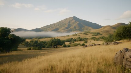 Fototapeta premium Serene Morning Mist Rolling Over Golden Grassland and Mountain