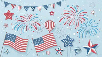4th of July American Flag and Fireworks Celebration with Balloons Stars and Banners in Patriotic Colors