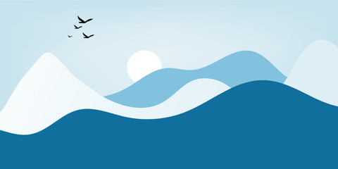 Naklejka premium illustration landscape mountain range with a blue sky. The mountains are covered in trees and the sky is clear and bright. The scene is peaceful and serene