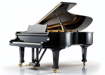 Close-up of a Black Grand Piano Isolated on White - Musical Instrument Stock Photo