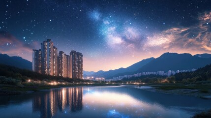 Night cityscape reflecting on serene lake, under a star-studded sky with the Milky Way