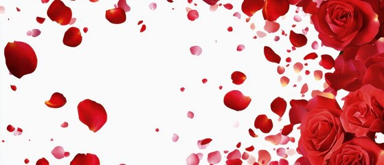 Romantic red roses and petals falling on white background creating a beautiful floral design for valentine day celebration and wedding invitation