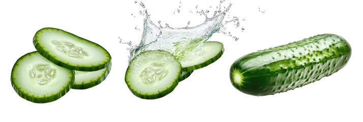 Fresh Cucumbers Splashing in Water, Sliced and Whole, Perfect for Salads and Refreshing Dishes on transparent background