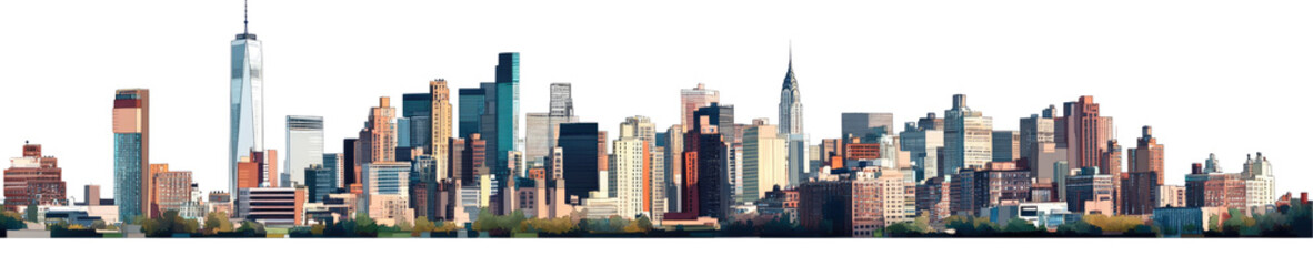 Panoramic city skyline featuring diverse architecture and vibrant colors against a clear blue sky, symbolizing urban life and energy. on transparent background