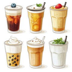 Variety of Beverages: A refreshing selection of beverages, each artfully presented in a transparent cup, showcasing diverse flavors with a touch of aesthetic charm.