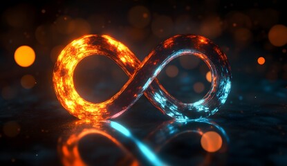 3D render of an infinity symbol glowing with orange and blue light, set against a bokeh background.