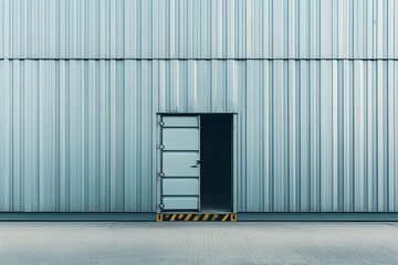 A gray shipping container with an open door, front view, clean background, professional photography.