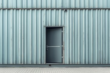 A gray shipping container with an open door, front view, clean background, professional photography.