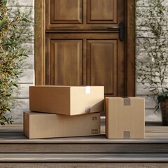 Three cardboard boxes stacked near front door with decorative plants and sunlight image