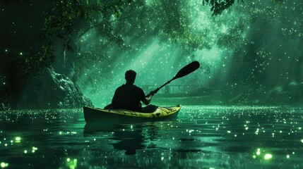 A lone kayaker paddles through a mystical, bioluminescent lagoon under a canopy of glowing trees.