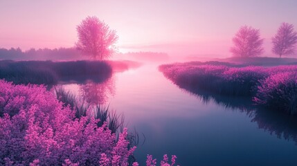 Obraz premium Enchanted Pink Sunrise: Serene River Landscape