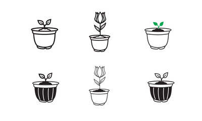 Plant icon set. Flower in pot linear design.10 eps