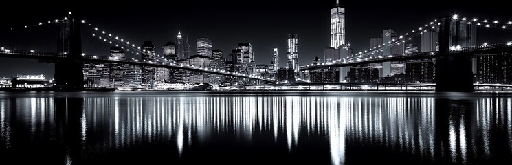 Obraz premium Black and white panorama of new york city skyline with bridges and reflections