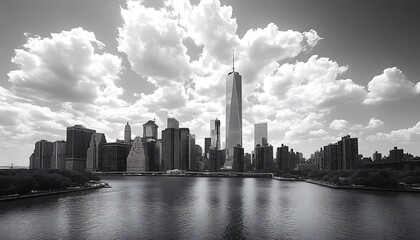 Fototapeta premium Black and white panoramic view of new york city skyline with dramatic clouds