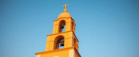 Orange Church Bell Tower Against a Clear Blue Sky Peaceful Sunset Scene