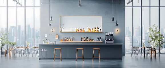Modern interior bar with large windows, stools, and a city skyline view