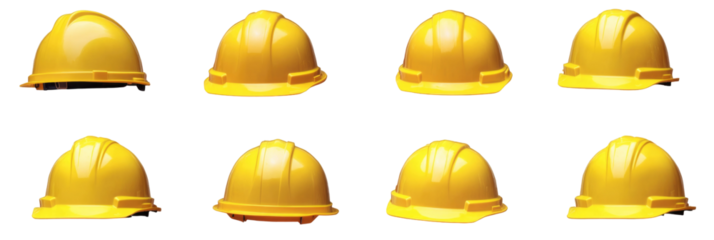 Collection of Yellow Hard Hats for Construction Safety and Worksite Protection on transparent background