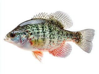 Fototapeta premium Vibrant crappie fish showcasing intricate patterns and colors against a clean white backdrop in a studio shot